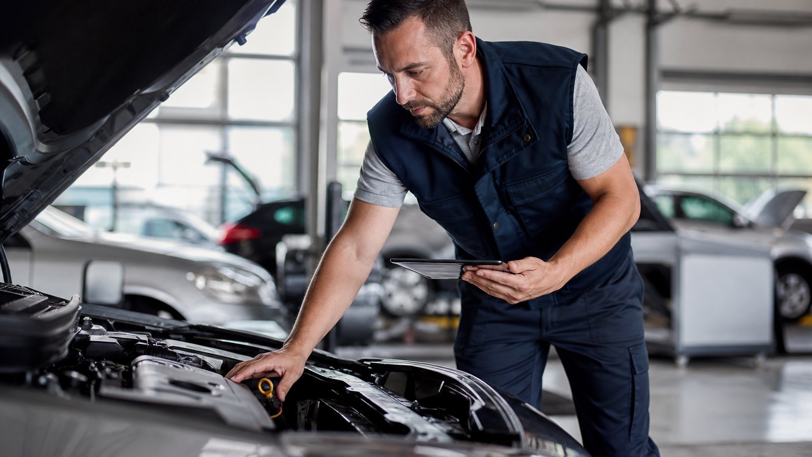 Véhicule passant un contrôle technique en garage