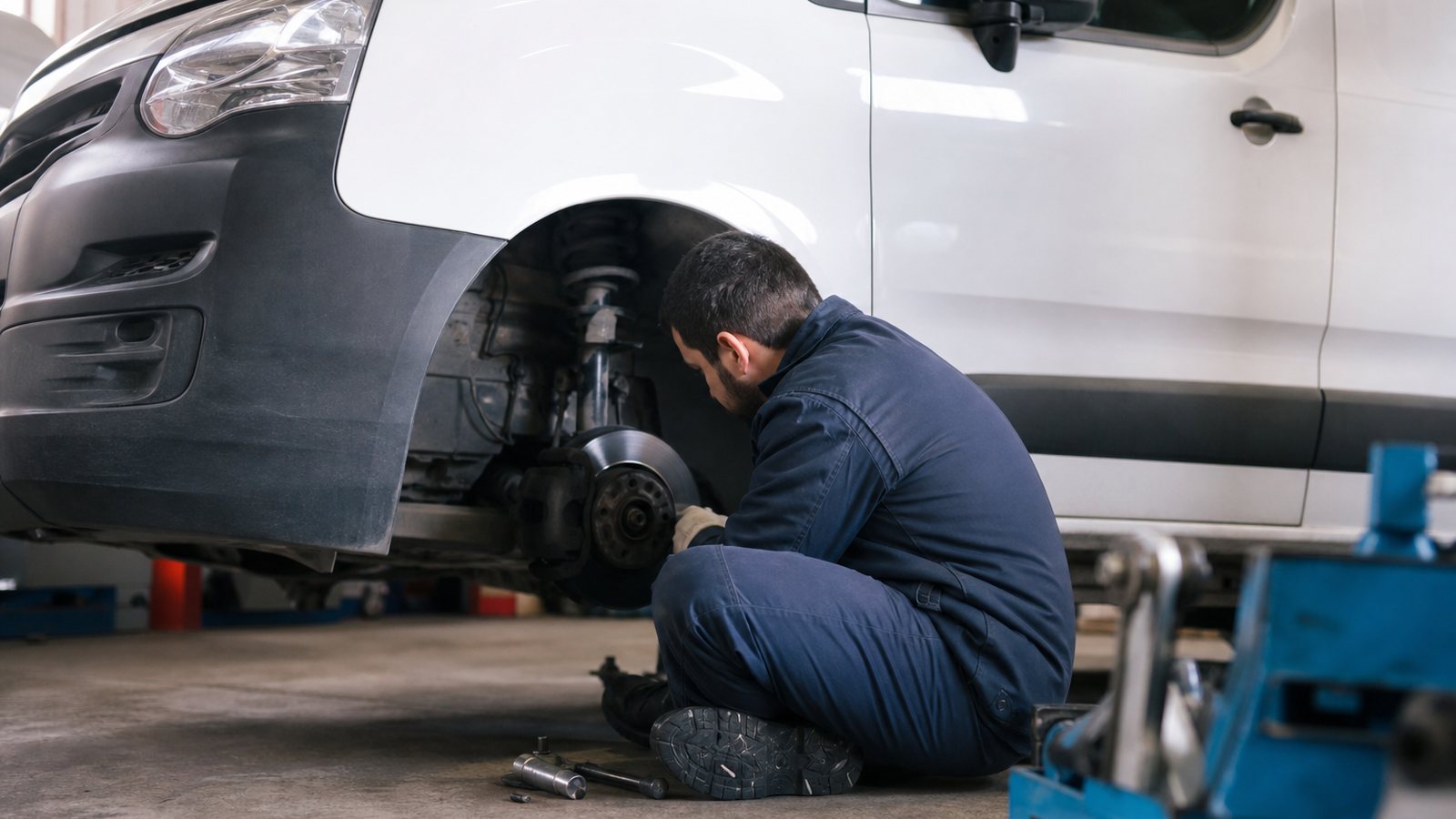 Gestionnaire de parc examinant un utilitaire vieillissant immobilisé dans l'atelier d'un garage
