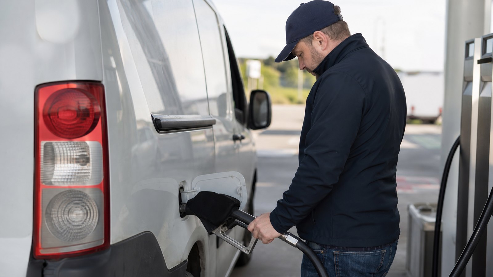 Conducteur faisant le plein d'un véhicule d'entreprise