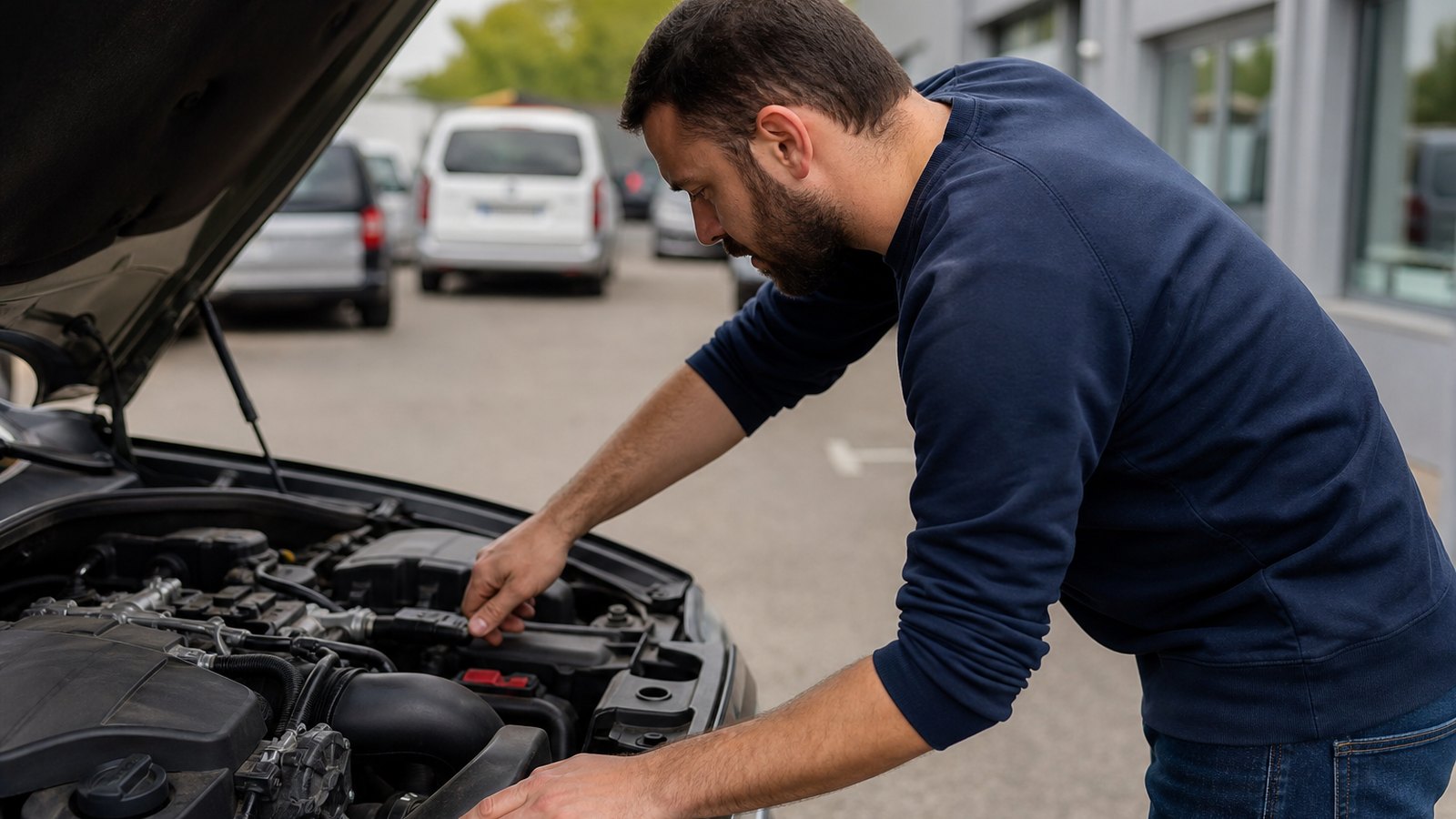 Conducteur vérifiant l'entretien d'un véhicule d'entreprise